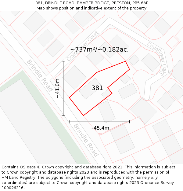 381, BRINDLE ROAD, BAMBER BRIDGE, PRESTON, PR5 6AP: Plot and title map