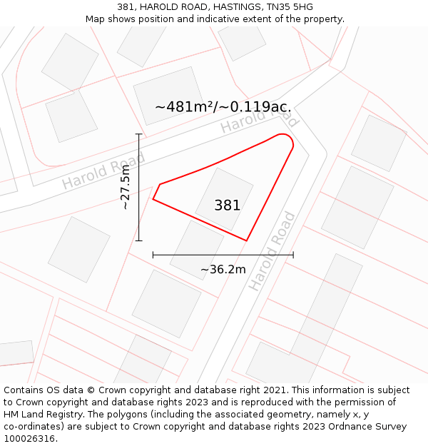 381, HAROLD ROAD, HASTINGS, TN35 5HG: Plot and title map