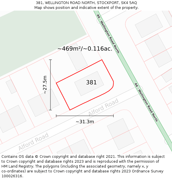 381, WELLINGTON ROAD NORTH, STOCKPORT, SK4 5AQ: Plot and title map
