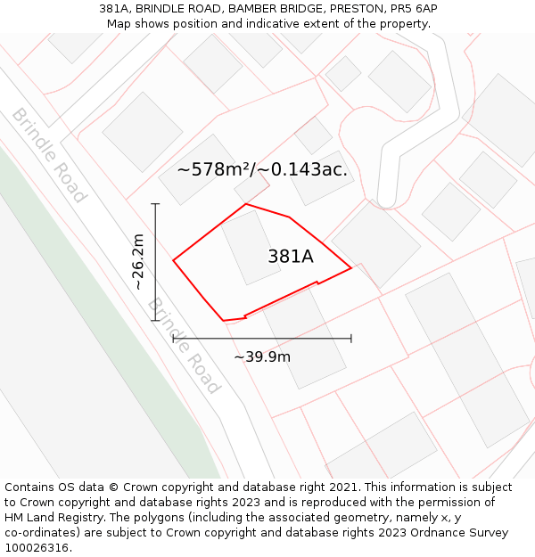 381A, BRINDLE ROAD, BAMBER BRIDGE, PRESTON, PR5 6AP: Plot and title map
