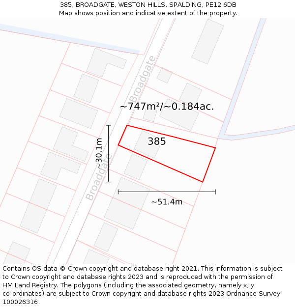 385, BROADGATE, WESTON HILLS, SPALDING, PE12 6DB: Plot and title map