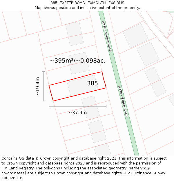 385, EXETER ROAD, EXMOUTH, EX8 3NS: Plot and title map