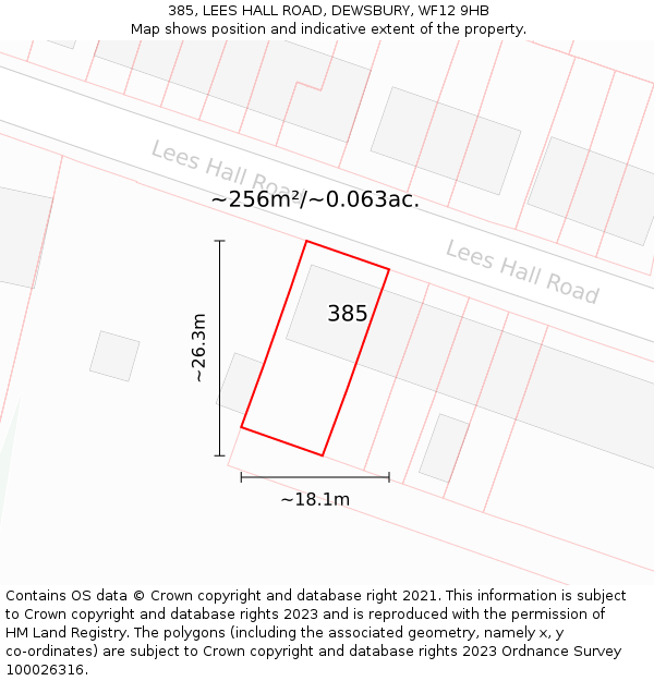 385, LEES HALL ROAD, DEWSBURY, WF12 9HB: Plot and title map