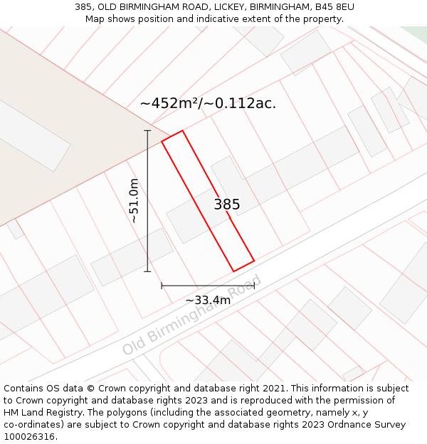 385, OLD BIRMINGHAM ROAD, LICKEY, BIRMINGHAM, B45 8EU: Plot and title map