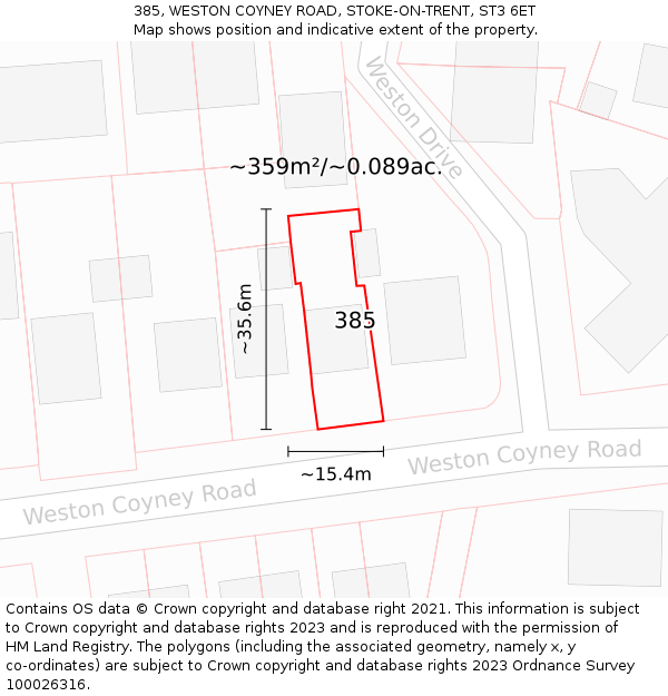 385, WESTON COYNEY ROAD, STOKE-ON-TRENT, ST3 6ET: Plot and title map