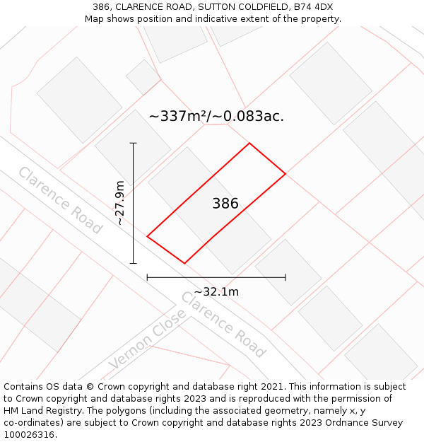 386, CLARENCE ROAD, SUTTON COLDFIELD, B74 4DX: Plot and title map