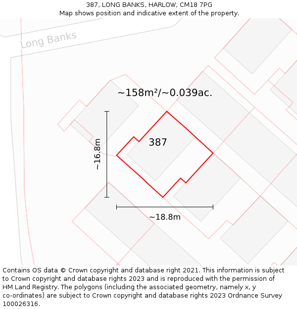 387, LONG BANKS, HARLOW, CM18 7PG: Plot and title map