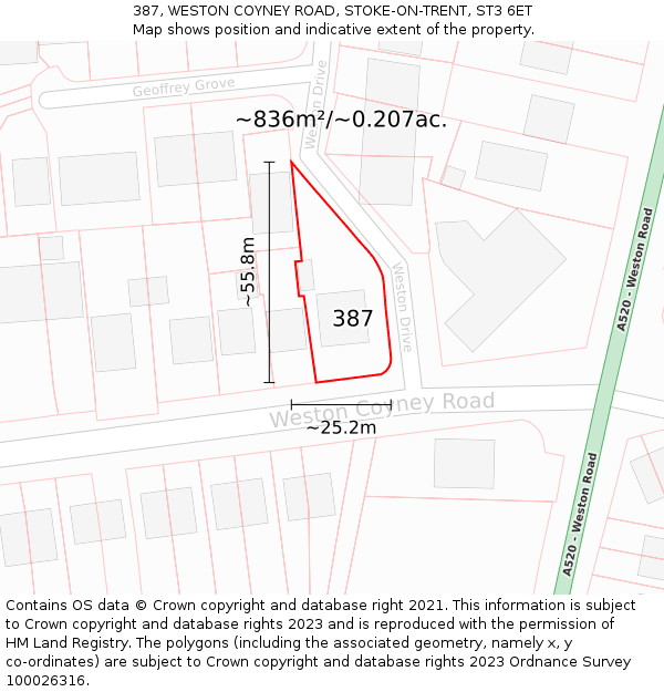 387, WESTON COYNEY ROAD, STOKE-ON-TRENT, ST3 6ET: Plot and title map