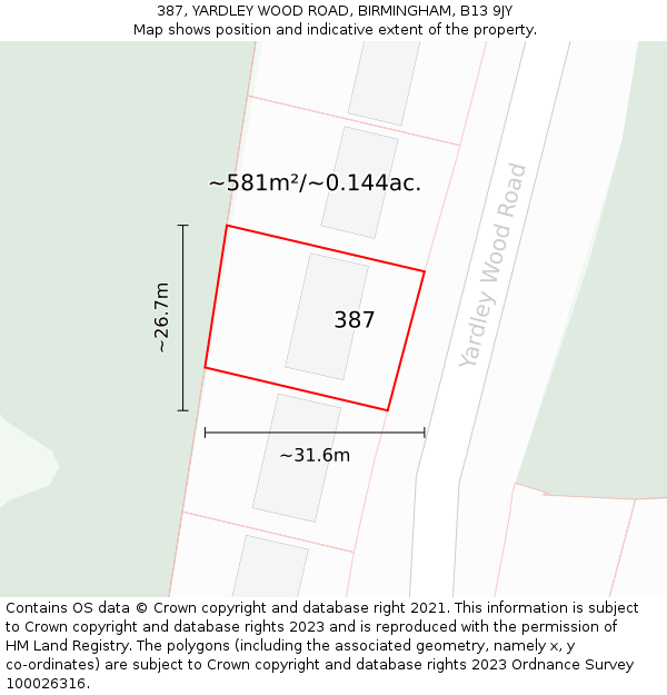 387, YARDLEY WOOD ROAD, BIRMINGHAM, B13 9JY: Plot and title map