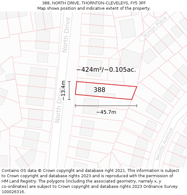 388, NORTH DRIVE, THORNTON-CLEVELEYS, FY5 3PF: Plot and title map