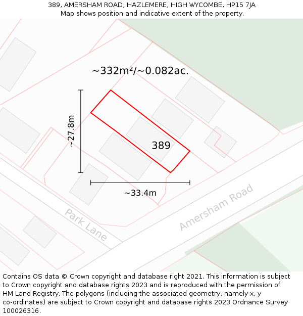 389, AMERSHAM ROAD, HAZLEMERE, HIGH WYCOMBE, HP15 7JA: Plot and title map