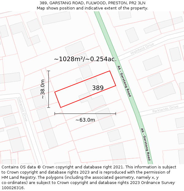 389, GARSTANG ROAD, FULWOOD, PRESTON, PR2 3LN: Plot and title map