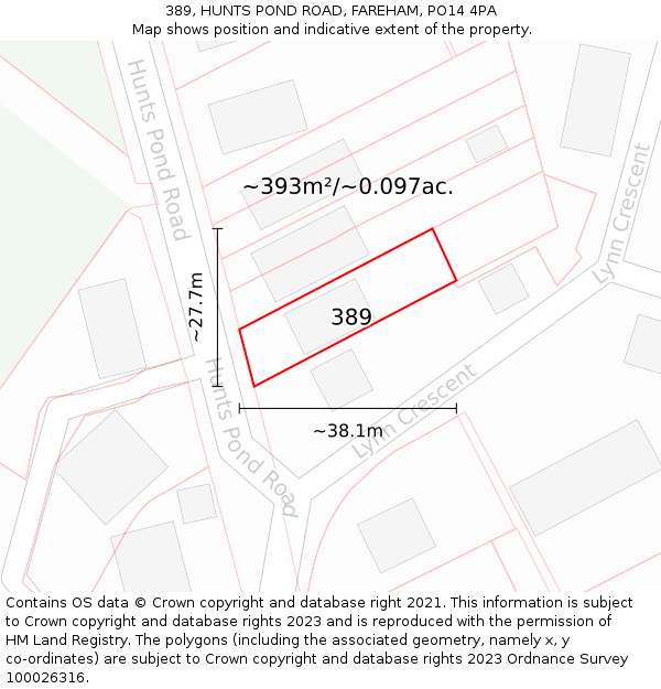 389, HUNTS POND ROAD, FAREHAM, PO14 4PA: Plot and title map