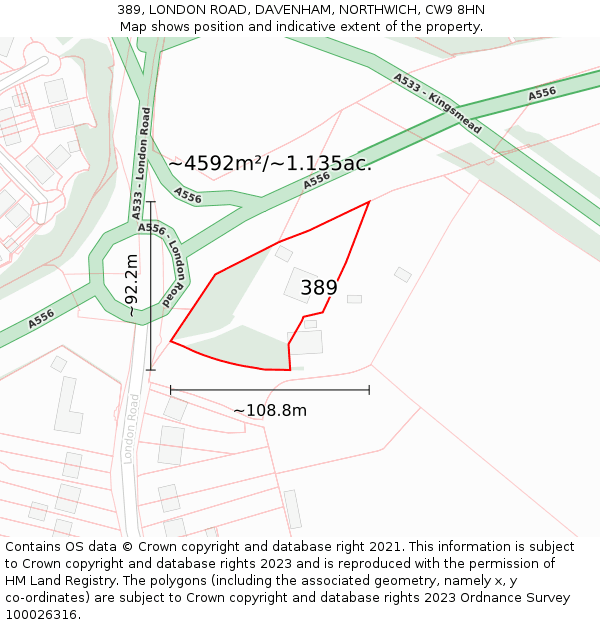 389, LONDON ROAD, DAVENHAM, NORTHWICH, CW9 8HN: Plot and title map