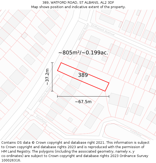 389, WATFORD ROAD, ST ALBANS, AL2 3DF: Plot and title map