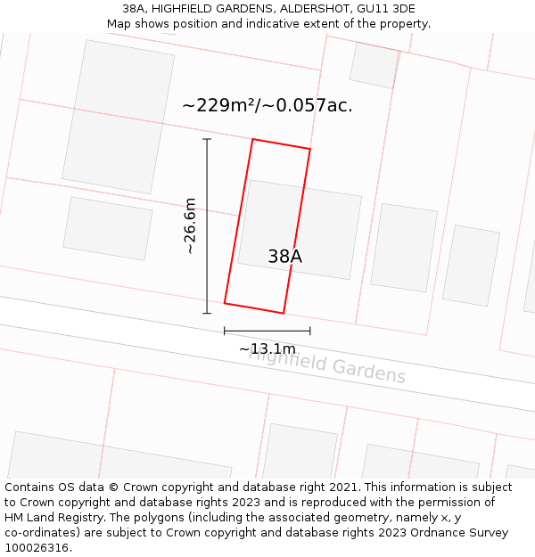 38A, HIGHFIELD GARDENS, ALDERSHOT, GU11 3DE: Plot and title map