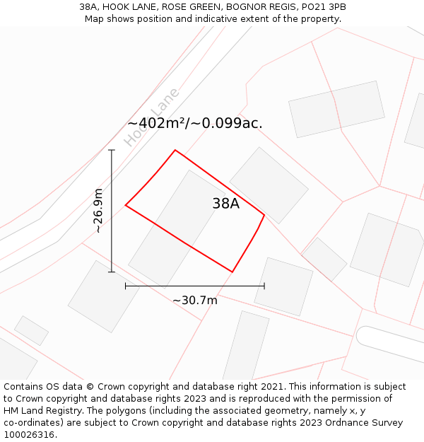 38A, HOOK LANE, ROSE GREEN, BOGNOR REGIS, PO21 3PB: Plot and title map