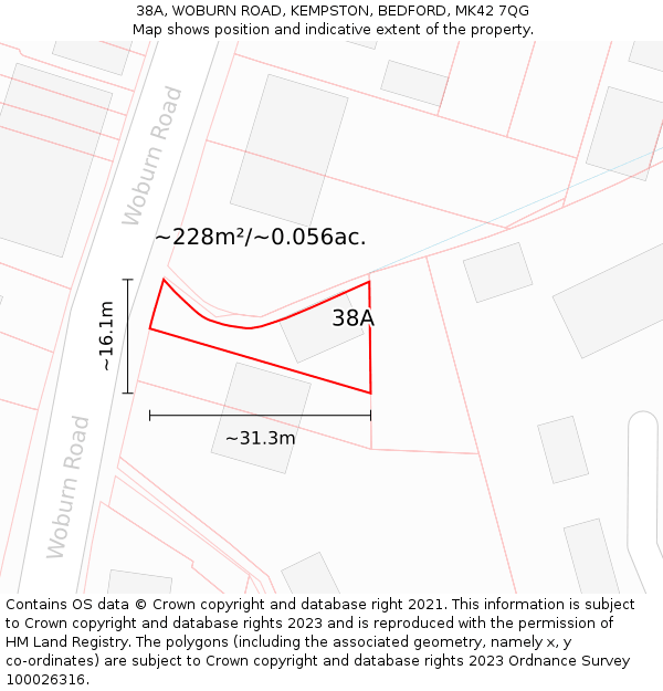 38A, WOBURN ROAD, KEMPSTON, BEDFORD, MK42 7QG: Plot and title map