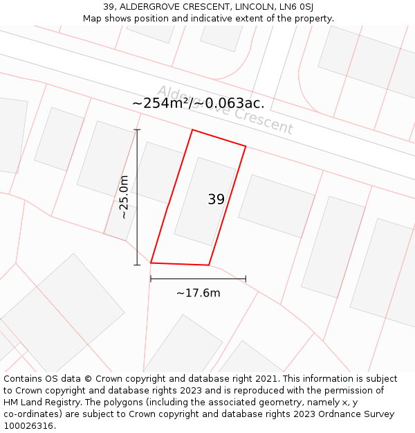 39, ALDERGROVE CRESCENT, LINCOLN, LN6 0SJ: Plot and title map