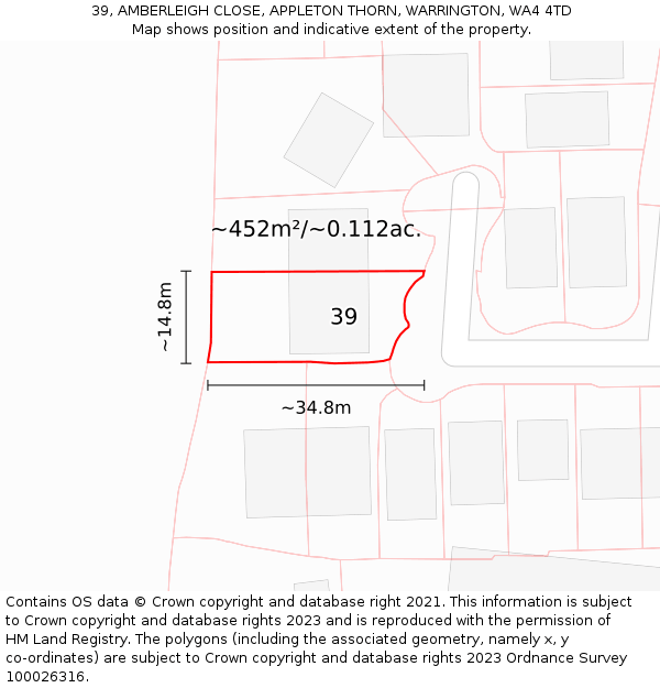 39, AMBERLEIGH CLOSE, APPLETON THORN, WARRINGTON, WA4 4TD: Plot and title map