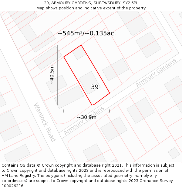 39, ARMOURY GARDENS, SHREWSBURY, SY2 6PL: Plot and title map