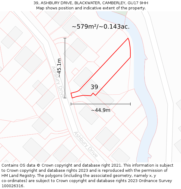 39, ASHBURY DRIVE, BLACKWATER, CAMBERLEY, GU17 9HH: Plot and title map