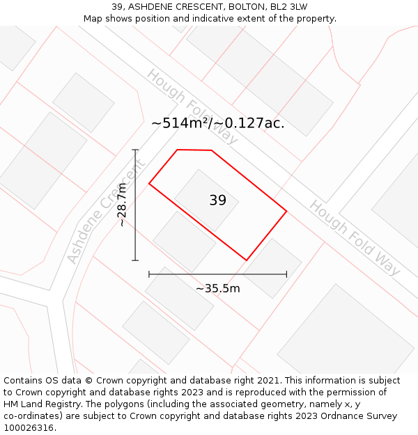 39, ASHDENE CRESCENT, BOLTON, BL2 3LW: Plot and title map