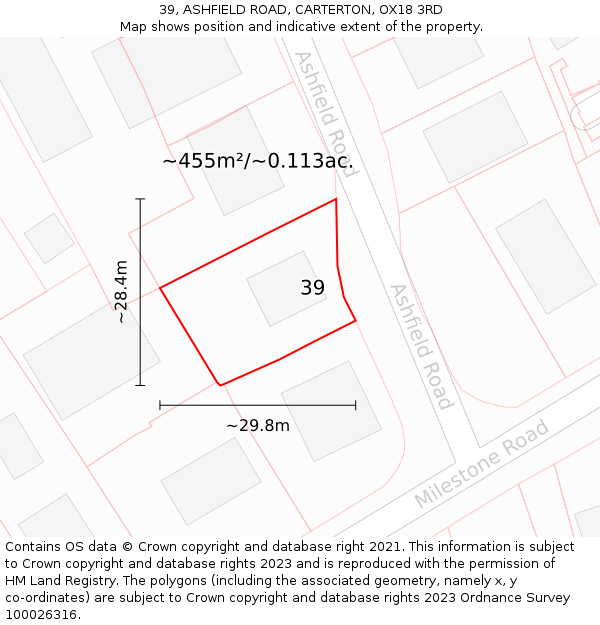 39, ASHFIELD ROAD, CARTERTON, OX18 3RD: Plot and title map