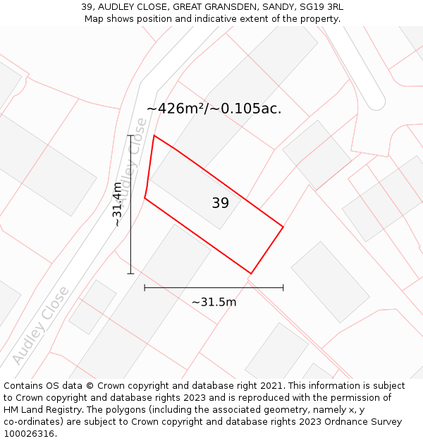 39, AUDLEY CLOSE, GREAT GRANSDEN, SANDY, SG19 3RL: Plot and title map
