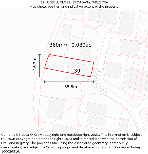 39, AVERILL CLOSE, BROADWAY, WR12 7RA: Plot and title map