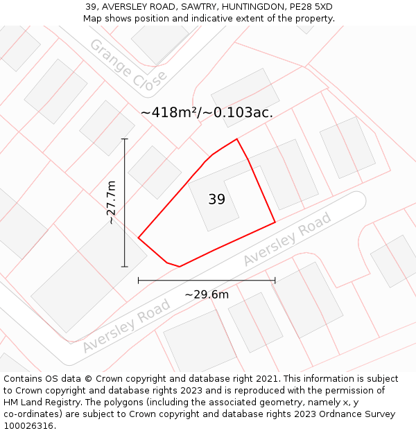 39, AVERSLEY ROAD, SAWTRY, HUNTINGDON, PE28 5XD: Plot and title map