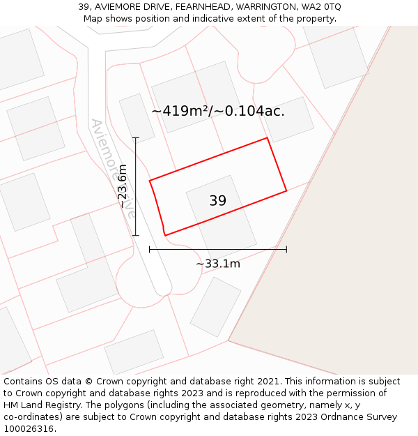 39, AVIEMORE DRIVE, FEARNHEAD, WARRINGTON, WA2 0TQ: Plot and title map