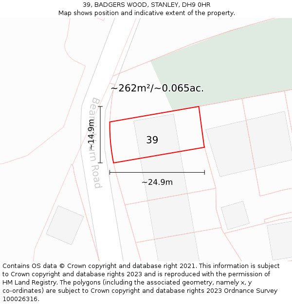 39, BADGERS WOOD, STANLEY, DH9 0HR: Plot and title map