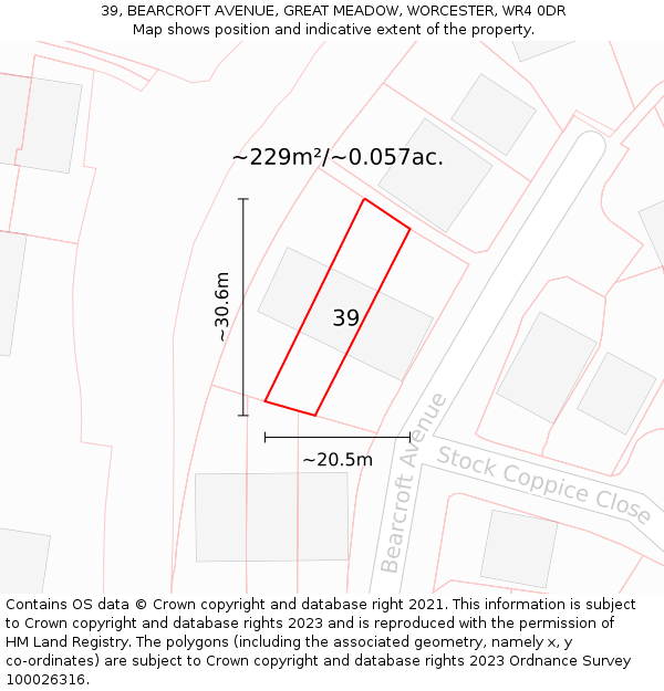 39, BEARCROFT AVENUE, GREAT MEADOW, WORCESTER, WR4 0DR: Plot and title map