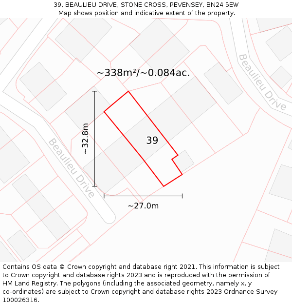 39, BEAULIEU DRIVE, STONE CROSS, PEVENSEY, BN24 5EW: Plot and title map