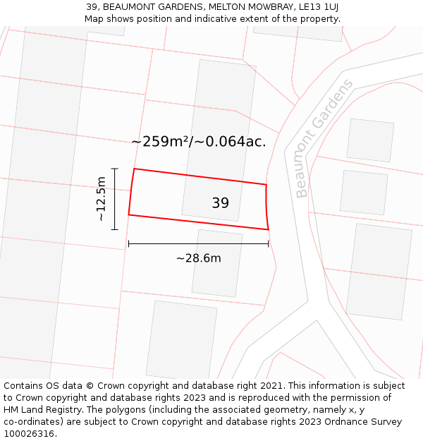 39, BEAUMONT GARDENS, MELTON MOWBRAY, LE13 1UJ: Plot and title map