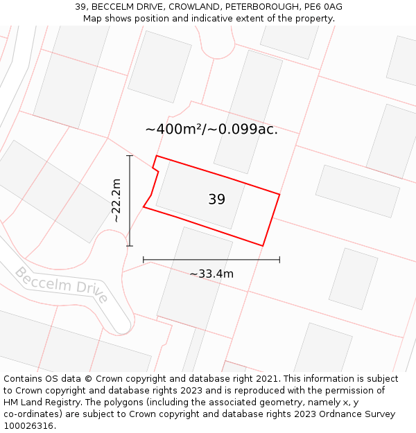 39, BECCELM DRIVE, CROWLAND, PETERBOROUGH, PE6 0AG: Plot and title map