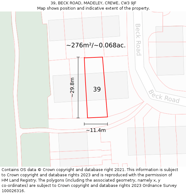 39, BECK ROAD, MADELEY, CREWE, CW3 9JF: Plot and title map