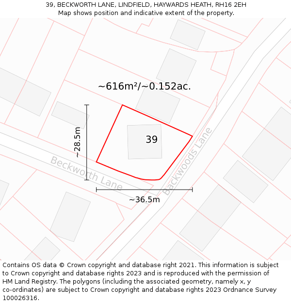 39, BECKWORTH LANE, LINDFIELD, HAYWARDS HEATH, RH16 2EH: Plot and title map