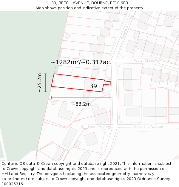 39, BEECH AVENUE, BOURNE, PE10 9RR: Plot and title map