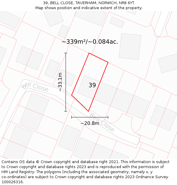 39, BELL CLOSE, TAVERHAM, NORWICH, NR8 6YT: Plot and title map