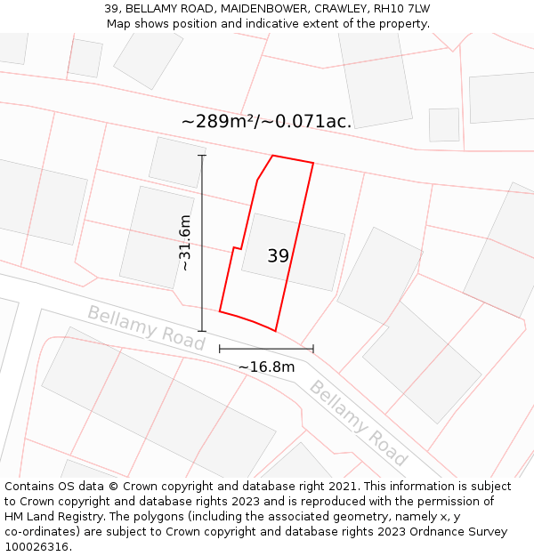 39, BELLAMY ROAD, MAIDENBOWER, CRAWLEY, RH10 7LW: Plot and title map