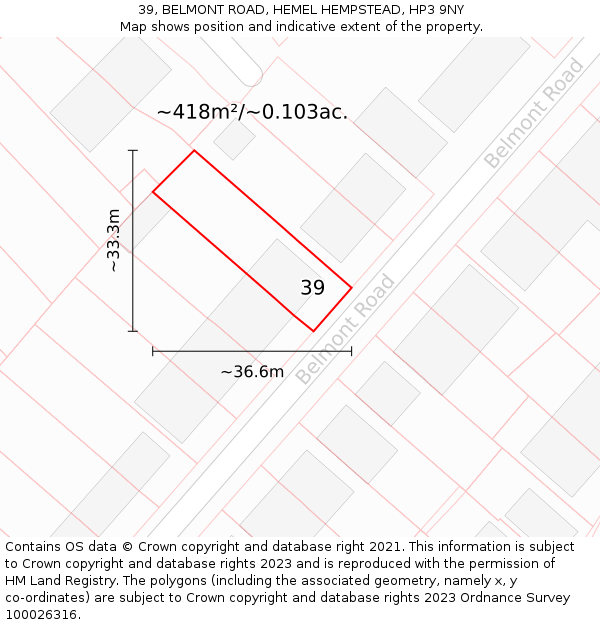 39, BELMONT ROAD, HEMEL HEMPSTEAD, HP3 9NY: Plot and title map