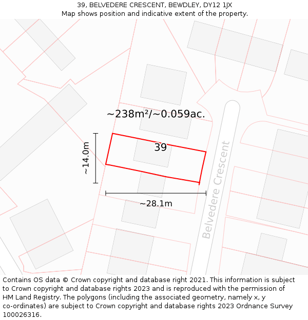 39, BELVEDERE CRESCENT, BEWDLEY, DY12 1JX: Plot and title map