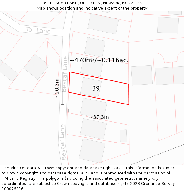 39, BESCAR LANE, OLLERTON, NEWARK, NG22 9BS: Plot and title map