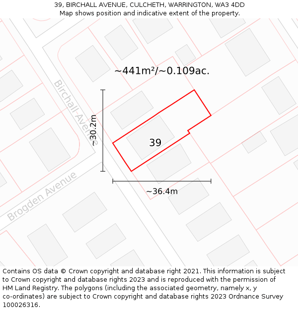 39, BIRCHALL AVENUE, CULCHETH, WARRINGTON, WA3 4DD: Plot and title map