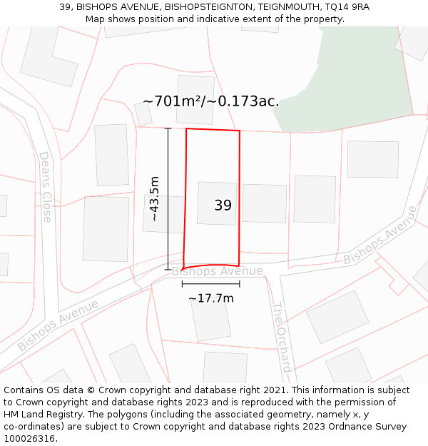 39, BISHOPS AVENUE, BISHOPSTEIGNTON, TEIGNMOUTH, TQ14 9RA: Plot and title map