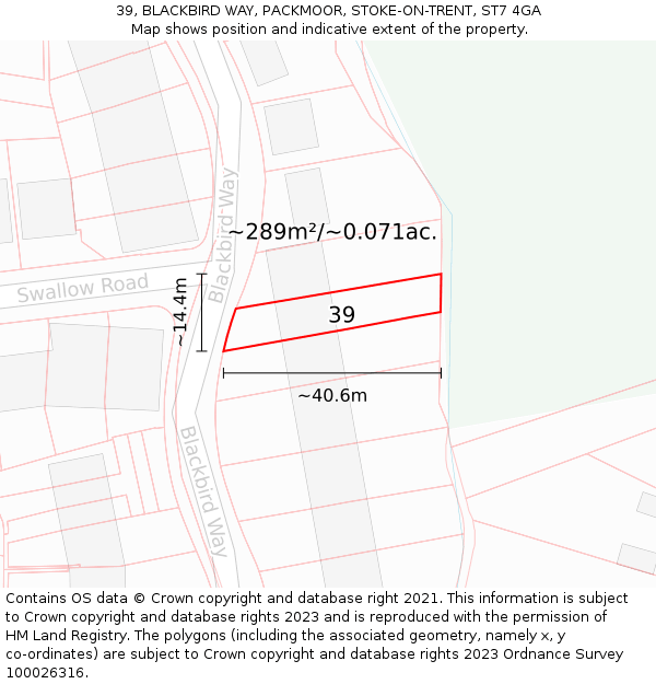 39, BLACKBIRD WAY, PACKMOOR, STOKE-ON-TRENT, ST7 4GA: Plot and title map