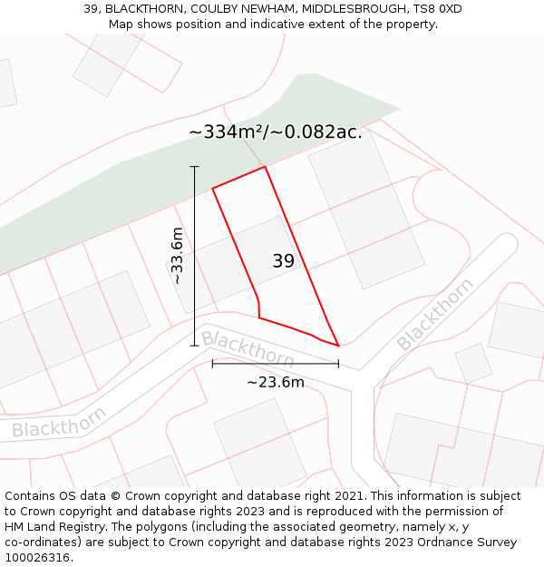 39, BLACKTHORN, COULBY NEWHAM, MIDDLESBROUGH, TS8 0XD: Plot and title map