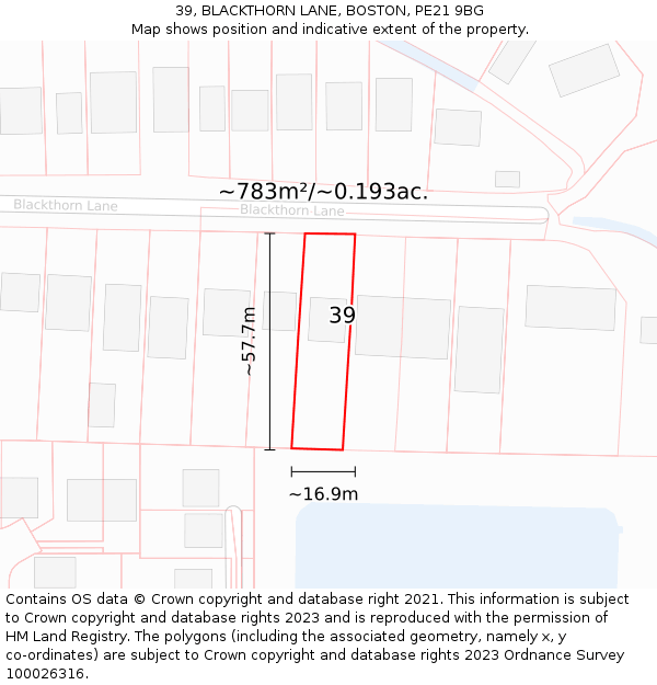 39, BLACKTHORN LANE, BOSTON, PE21 9BG: Plot and title map